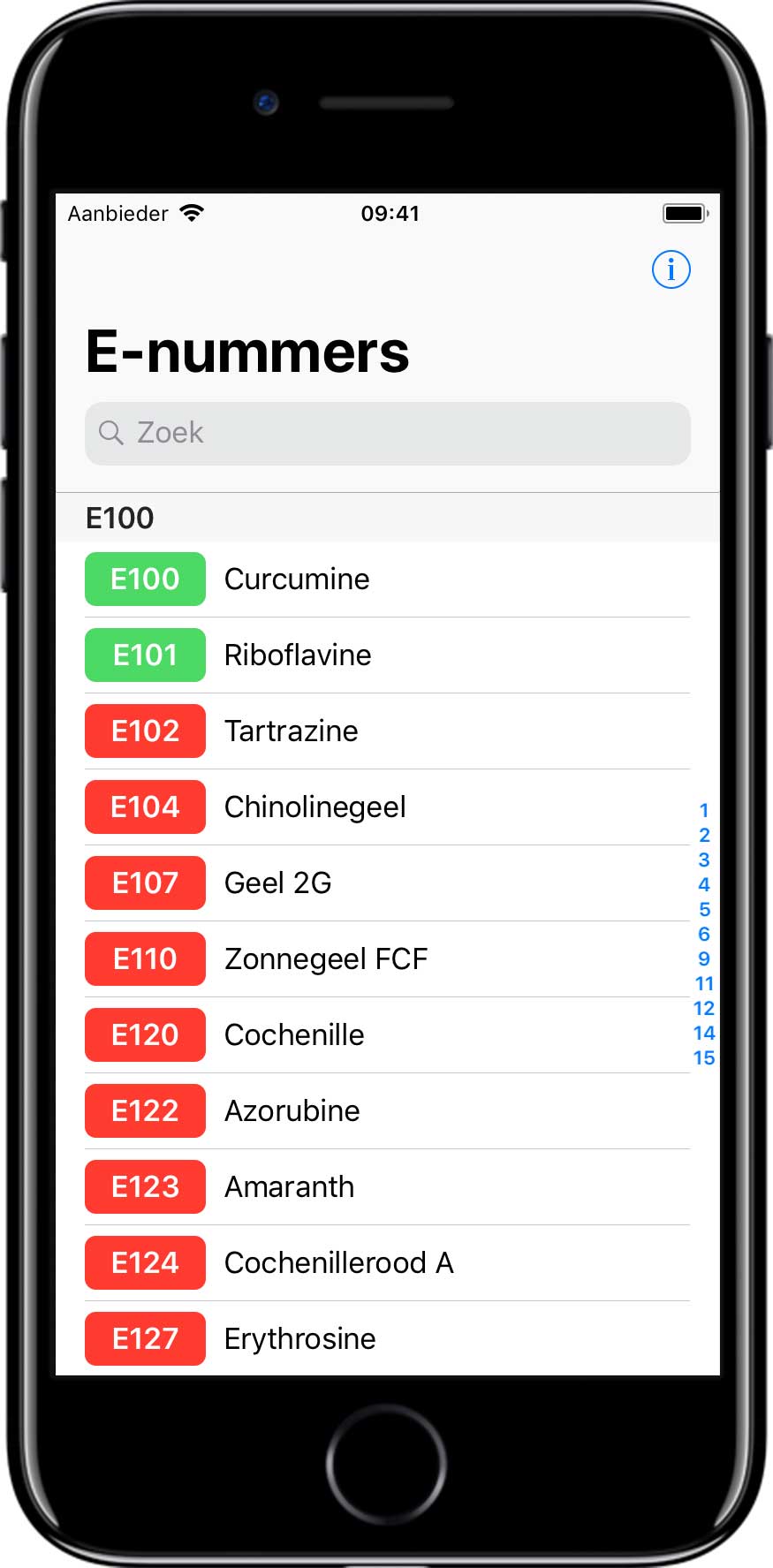 Beginscherm van de E-nummers app op iPhone